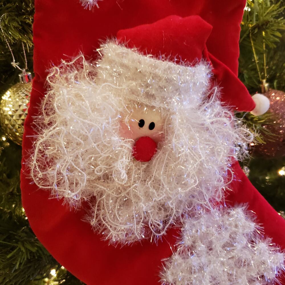 Rare Vintage 80s Fluffy Shimmery Beard 3D Santa Snowflake Red Velvet